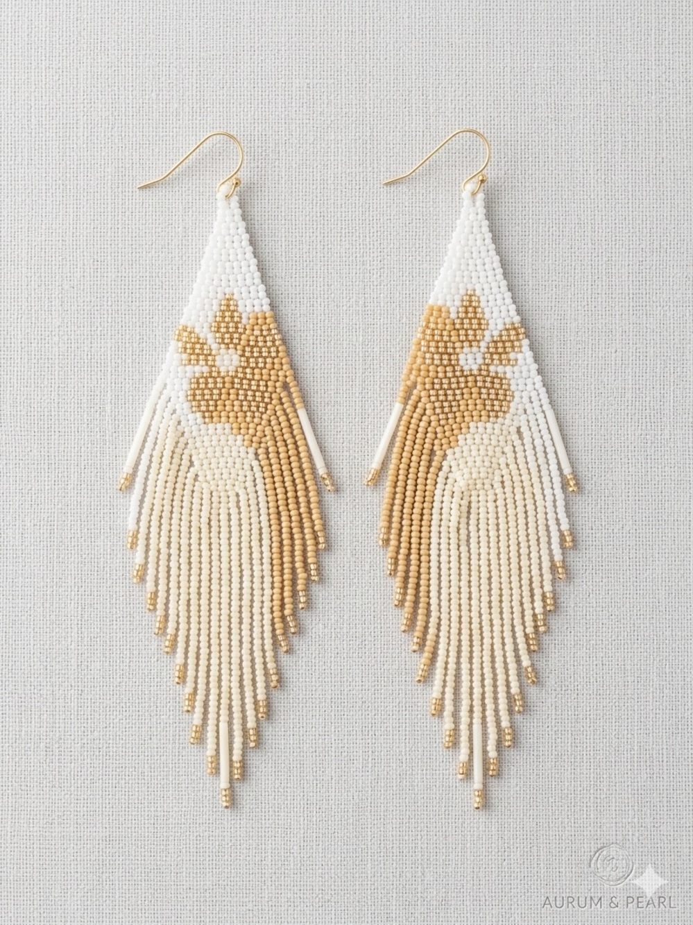 Gold and White Beaded Fringe Drop Earrings